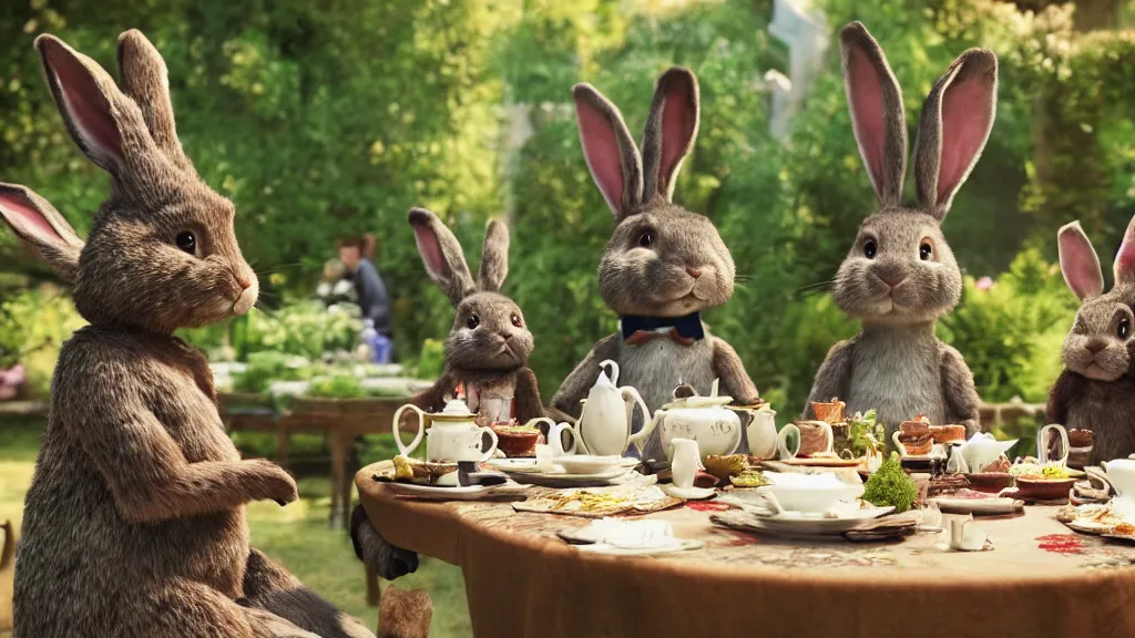 Prompt: film still from the movie chappie outdoor park plants garden scene bokeh depth of field several figures sitting down at a table having a delicious grand victorian tea party crumpets furry anthro anthropomorphic stylized rabbit bunny big chungus