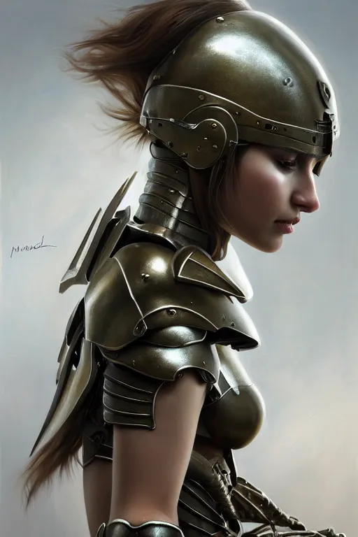 Image similar to a photorealistic painting of an attractive young girl, partially clothed in metal-plated battle armor, olive skin, long dark hair, beautiful bone structure, symmetrical face, perfect eyes, intricate, elegant, digital painting, concept art, illustration, sharp focus, minimal artifacts, volumetric lighting, from Metal Gear, in the style of Ruan Jia and Mandy Jurgens and Greg Rutkowski, trending on Artstation, award winning