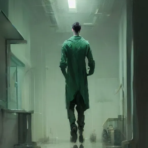 Image similar to concept art by greg rutkowski, a very tall and slender young man, dressed in green patient clothes and an open sweatshirt, wandering through a desolate futuristic hospital, dimly lit, frightening, scifi, highly detailed portrait, digital painting, artstation, concept art, smooth, sharp foccus ilustration, artstation hq