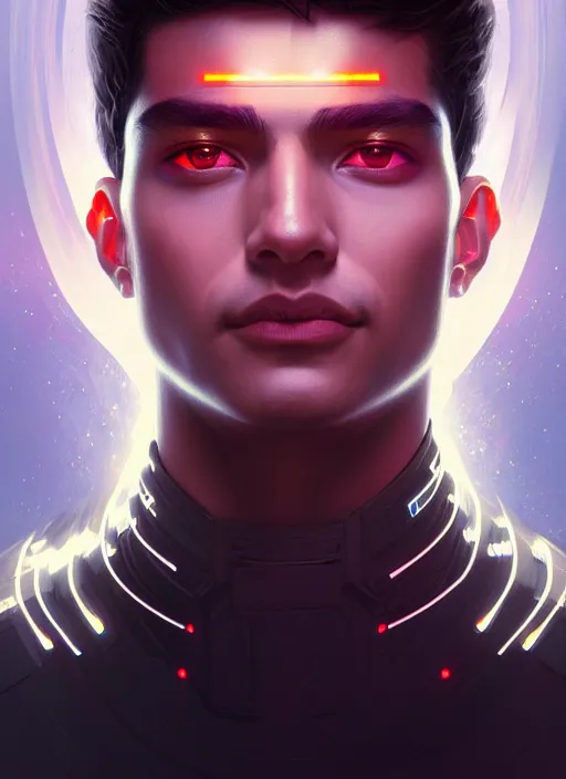 Image similar to symmetry portrait of a handsome young peruvian man, sci - fi, tech wear, glowing lights intricate, elegant, highly detailed, digital painting, artstation, concept art, smooth, sharp focus, illustration, art by artgerm and greg rutkowski and alphonse mucha