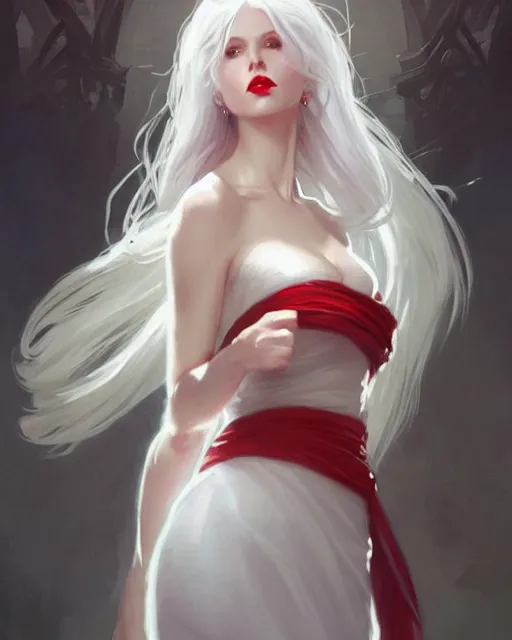 Prompt: tall girl, white hair, white dress, red lips, long hair, deep focus, d & d, fantasy, sophisticated, elegant, high detail, digital painting, artstation, concept art, matte, clear focus, illustration, hearthstone, works by artgerm, greg rutkowski and alphonse mucha