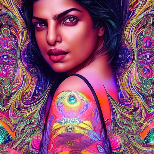 Prompt: portrait of priyanka chopra, hyper detailed masterpiece, neon floral pattern, jean giraud, digital art painting, darkwave goth aesthetic, psychedelic, artgerm, donato giancola and tom bagshaw