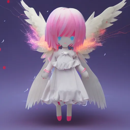 Prompt: cute fumo plush of a divine angel, gothic maiden, ribbons and flowers, ruffled wings, feathers raining, particle simulation, clouds, vray, outline glow lens flare burning sun