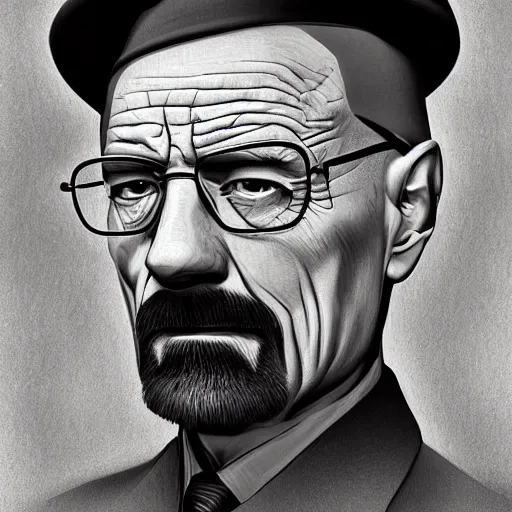 Prompt: Walter White with short pork pie black hat, accurate anatomy, highly detailed, digital art, centered, portrait, serious,