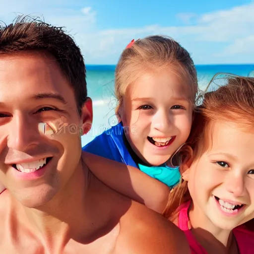 Prompt: wide 7 5 mm stock photo shot of a happy family on a beach, realistic shaded perfect face, realistic shaded lighting, 8 k ultra realistic