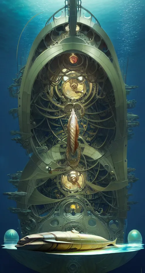 Image similar to epic concept illustration, highly detailed, intricate mechanical design, hard science concept art, underwater nautilus submarine being prepared for launch, by greg rutkowski and alphonse mucha. uhd, cinematic lighting, amazing depth, cinematography by 2 0 1 7