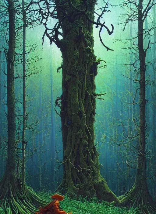 Image similar to hyper realistic witch modem with mood lighting and tech in the woods gorgeous lighting, blue sky, highly detailed, lush forest foliage painting by zdzisław beksinski and norman rockwell and greg rutkowskiweta studio, and lucasfilm