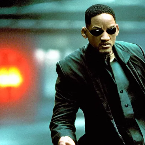 Image similar to film still of Will Smith as Neo in The Matrix fighting an agent