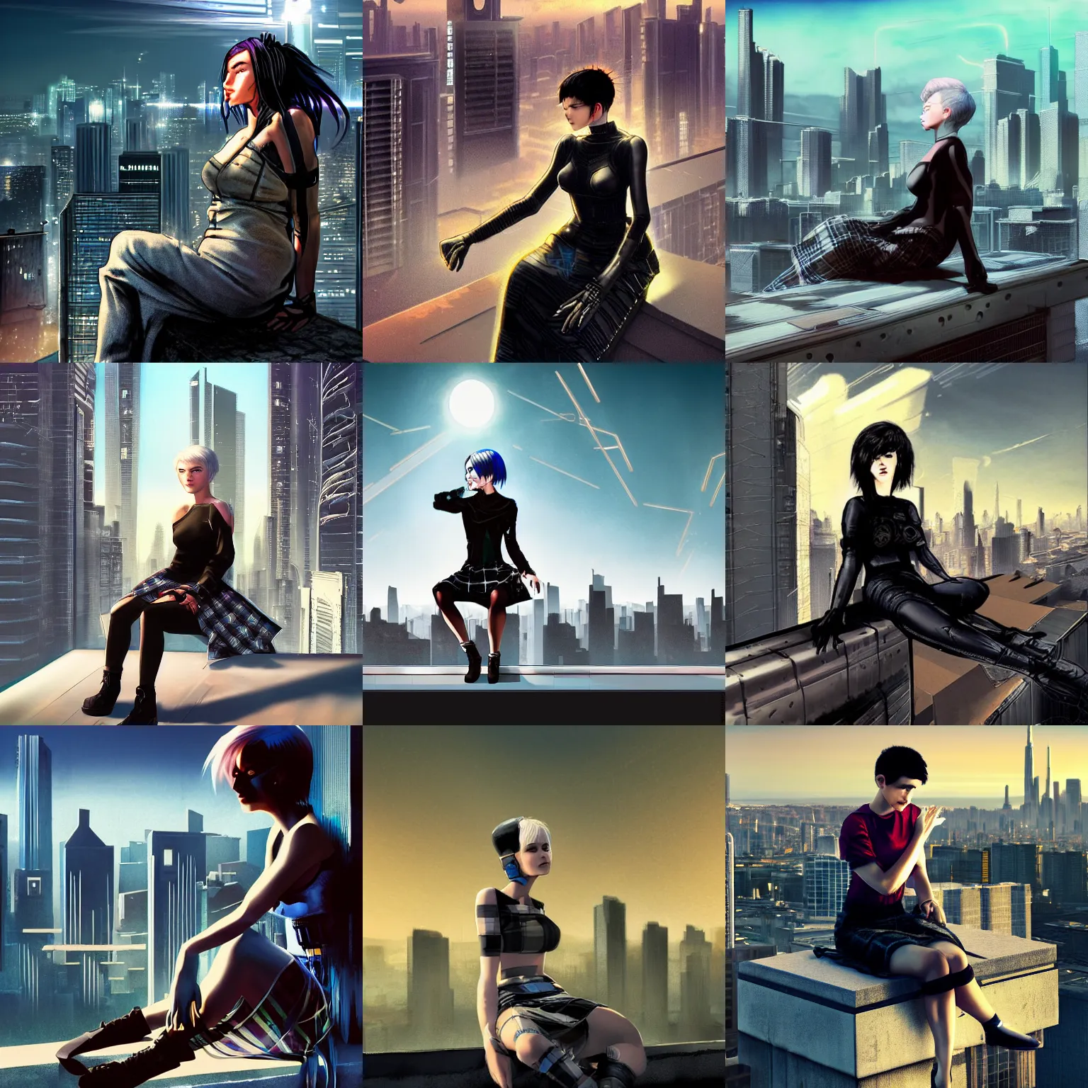 Prompt: young cyberpunk woman with short white hair and grey eyes. She is apathetic. She is wearing a plaid skirt. She is sitting on a rooftop ledge. The ledge overlooks a modern city skyline. Album art in the style of Frank Frazetta.