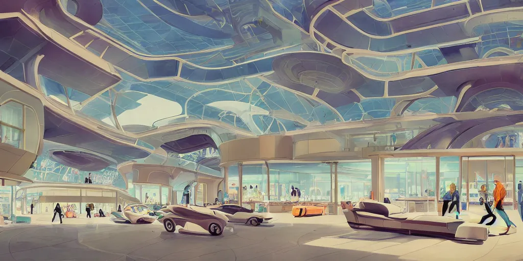 Image similar to a beautiful illustration of futuristic mall, lots of furniture, sofa, waiting room, big medium small, sacred geometry, golden ratio, in watercolor gouache detailed paintings, in style of syd mead, trending on artstation, 8 k, panel, hard surface, wallpaper, zaha hadid, scattered props, plant, cozy, decoration, simon stalenhag, wes anderson