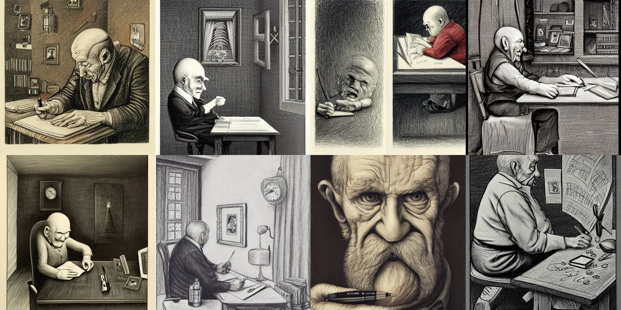 Prompt: drawing old man writing, by derer, by mark mazzoni, by todd schorr, by mark ryden, by john tenniel