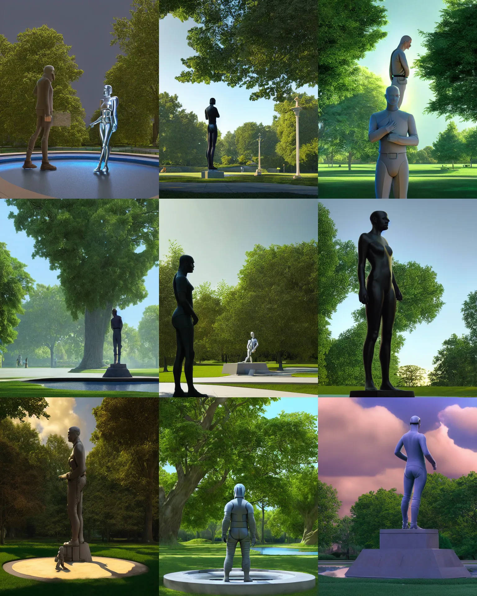 Prompt: scifi movie scene ralph mcquarrie digital art of a holographic statue in an idyllic public park, elm tree, pond, sunny morning, unreal engine, hyper realism, realistic shading, cinematic composition, blender render, octane render, hdr, detailed textures, photorealistic, ultrawide shot, 3 5 mm film