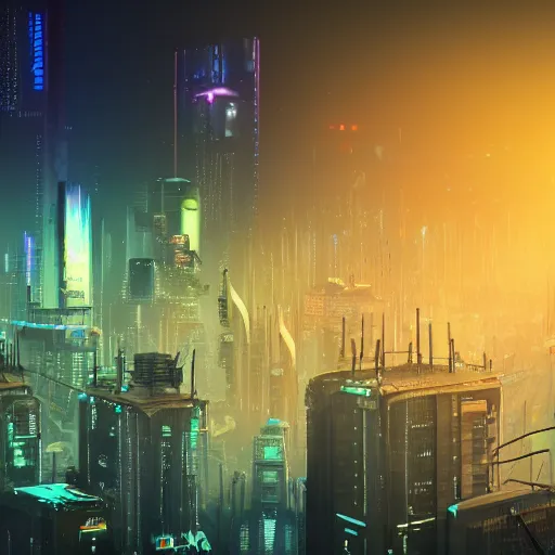 Image similar to wide angle view of a cyberpunk dystopian city, beams of light, buildings surround the evil empire, neon, flying cars, foggy atomosphere, volumetrics, glowing light, night time