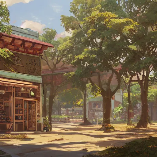 Image similar to concept art painting of a historic bakery with european and japanese architecture, in a woodland village surrounded by trees, realistic, detailed, cel shaded, in the style of makoto shinkai and greg rutkowski and james gurney