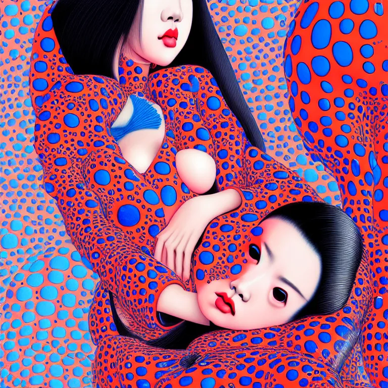 Image similar to hyperrealistic detailed image of a geisha laying in a art installation room, hd smooth interior by yayoi kusama, part by kei mieno, part by ross tran, dark art by james jean, ultra realistic, highly detailed, life like face, detailed body, 8 k, 3 d render by roger magrini, very cohesive, masterpiece