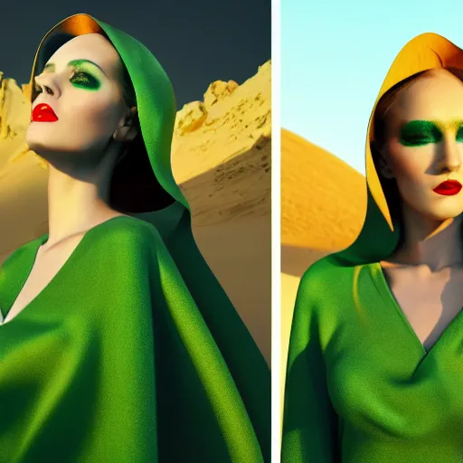Image similar to innovative avant-garde art, deco fashion, attractive women, wearing green, highly detailed, photorealistic portrait, serene desert setting, golden hour, crisp quality and light reflections, unreal engine 5 quality render