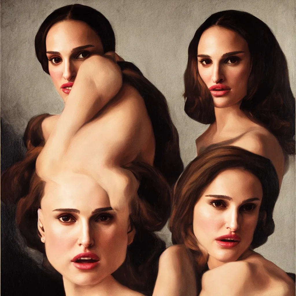 Image similar to portrait of Natalie Portman in style of Caravaggio, dramatic colors scheme