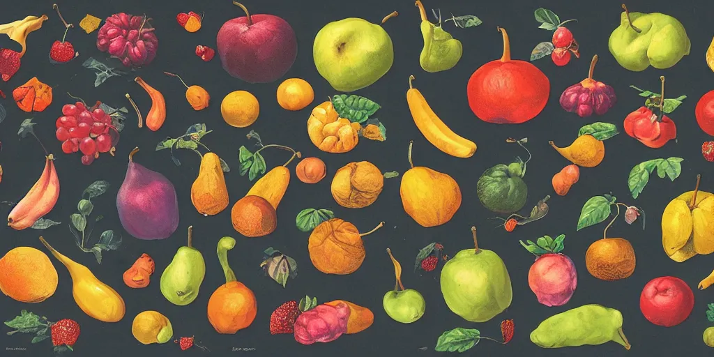 Image similar to full color page scan of various vintage imaginal fruit illustrations on black background, in matte painting, 2 d, kitbash, 4 k