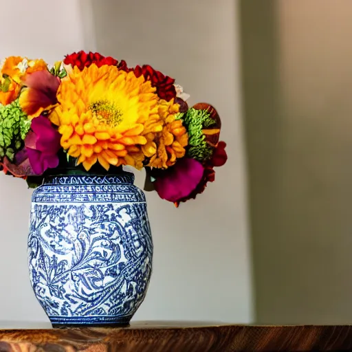 Prompt: dslr photo of a vase on a table, 55mm, f/1.3