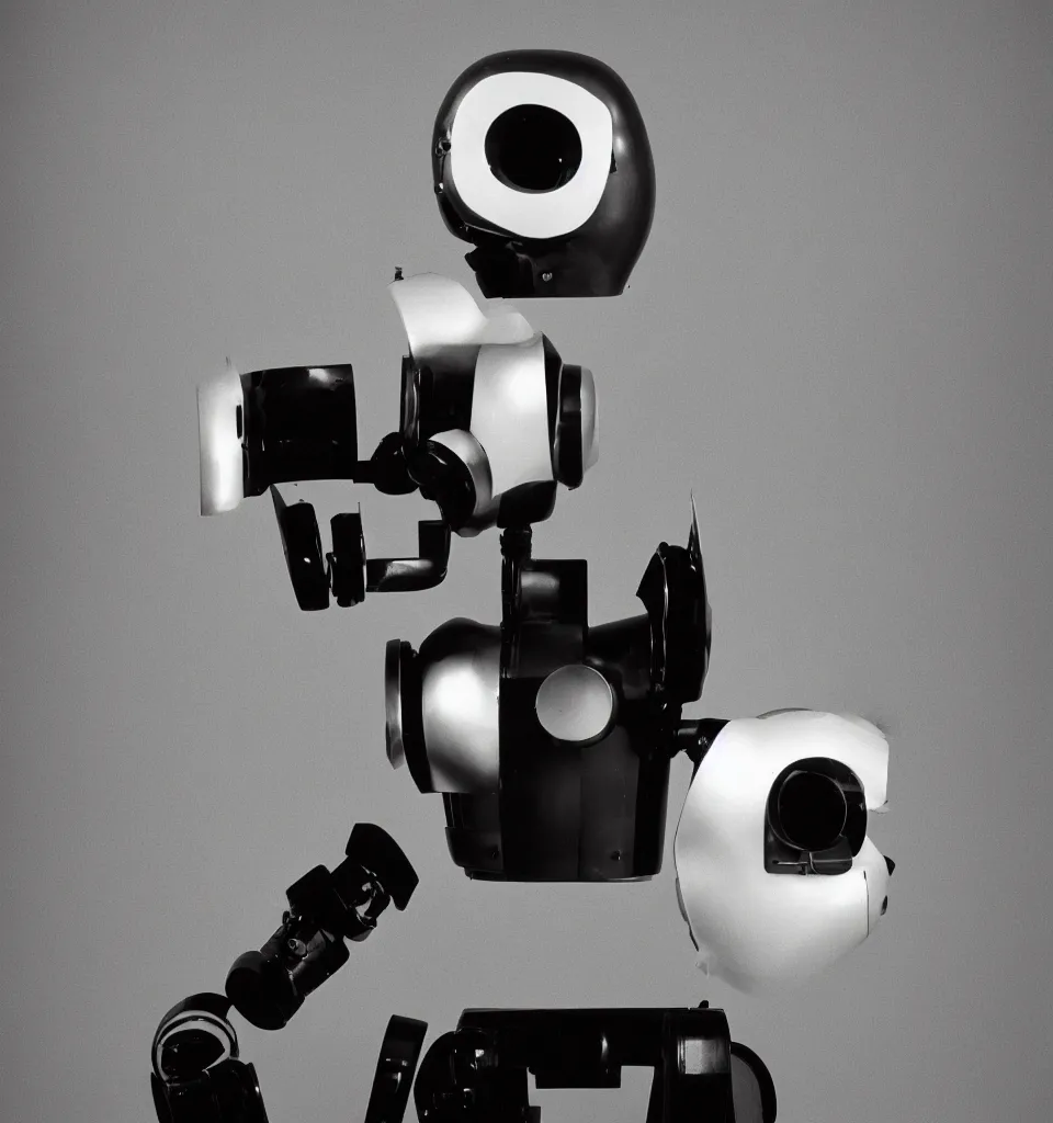 Prompt: studio portrait photo of a minimalist robot head, designed by Douglas Coupland, 50mm, pentax, film