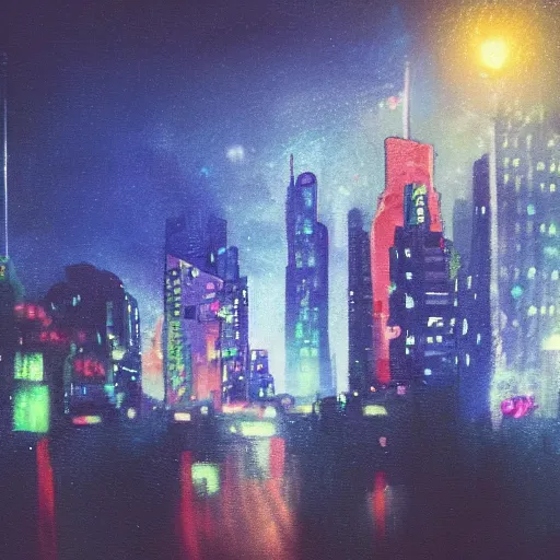 Image similar to City in the night, Joe Biden is in the middle (crossfade) with red eyes, art station