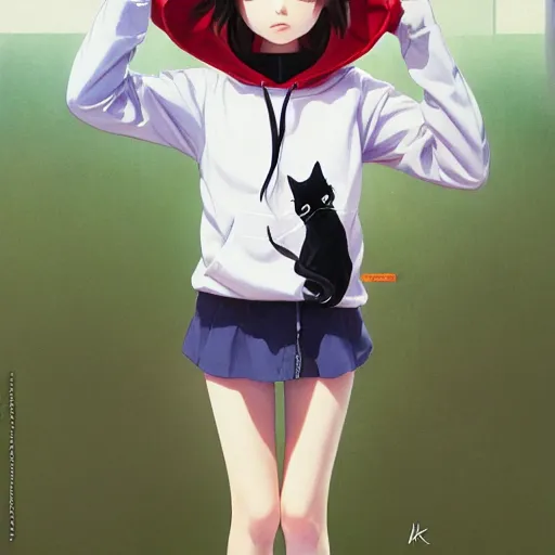 Image similar to a young girl wearing a cat hoodie balancing a a white fence, wlop, ilya kuvshinov, artgerm, krenz cushart, greg rutkowski, hiroaki samura, range murata, james jean, katsuhiro otomo, erik jones, 4 k