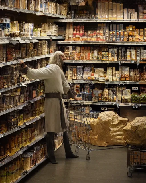 Image similar to gandalf stacking supermarket shelves greg rutkowski, esuthio, craig mullins, cinematic lighting, gloomy