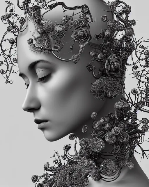 Image similar to mythical dreamy black and white organic bio-mechanical spinal ribbed profile face portrait detail of translucent steampunk beautiful female angelic-human-queen-vegetal-cyborg, highly detailed, intricate crystal ivy jelly ornate, poetic, translucent roses ornate, 3D render, digital art, octane render, 8K artistic photography, photo-realistic, by Dora Maar