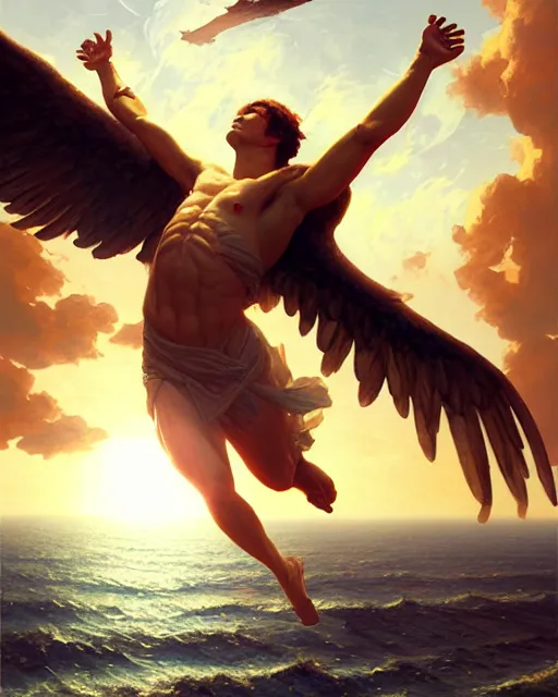 Image similar to icarus flying too close to the sun, fine details, realistic shaded lighting poster by greg rutkowski, magali villeneuve, artgerm, jeremy lipkin and michael garmash and rob rey and jacques - louis david