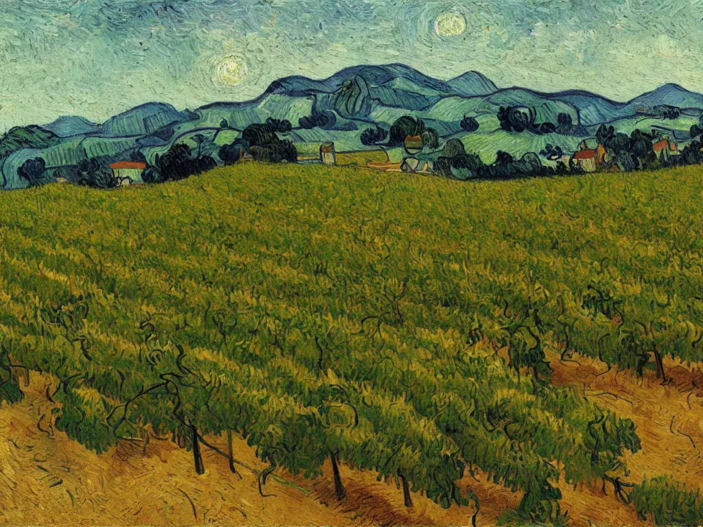 Image similar to trending on artstation, an idyllic vineyard, oil on canvas, in the style of Vincent van Gogh