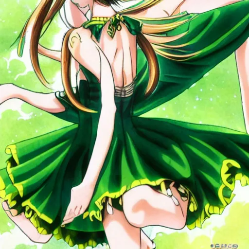 Image similar to anime, girl, green dress, flying, one piece, by eiichiro oda