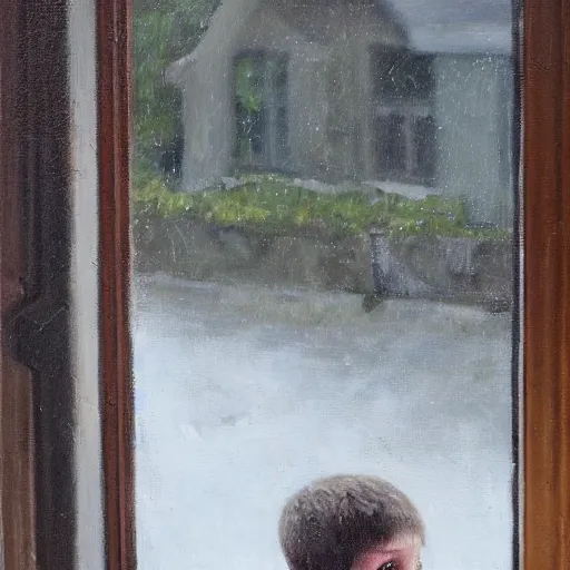 Prompt: a portrait of a 1 4 year old boy looking out his bedroom window, looking sad, oil painting, david padworny