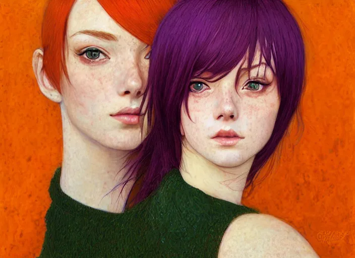 Image similar to portrait Girl with orange hair and freckles, green eyes fine face pretty face, realistic shaded Perfect face, purple background, fine details , fine details. Anime, by Ilya Kuvshinov and Gustav Klimt
