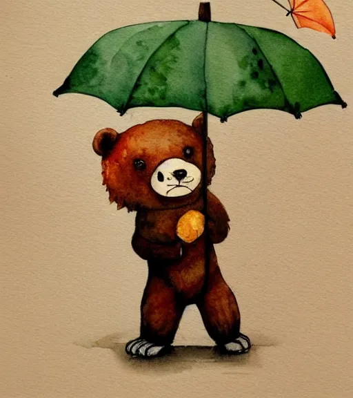 Image similar to autumn a bear with an umbrella cartoon watercolor by arti chauhan trending on artstation