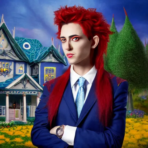 Prompt: Photograph of a beautiful androgynous actress with dark skin, messy spiked red hair, and tufted elf ears and dressed in a blue men's suit with a yellow tie, with a cottage designed by Thomas Kinkade in the background, artstation