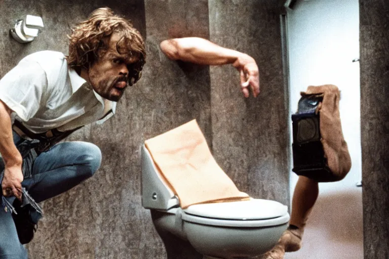Image similar to peter dinklage climbing out of a toilet, movie still, from the new toxic avenger movie, 8 k, realistic