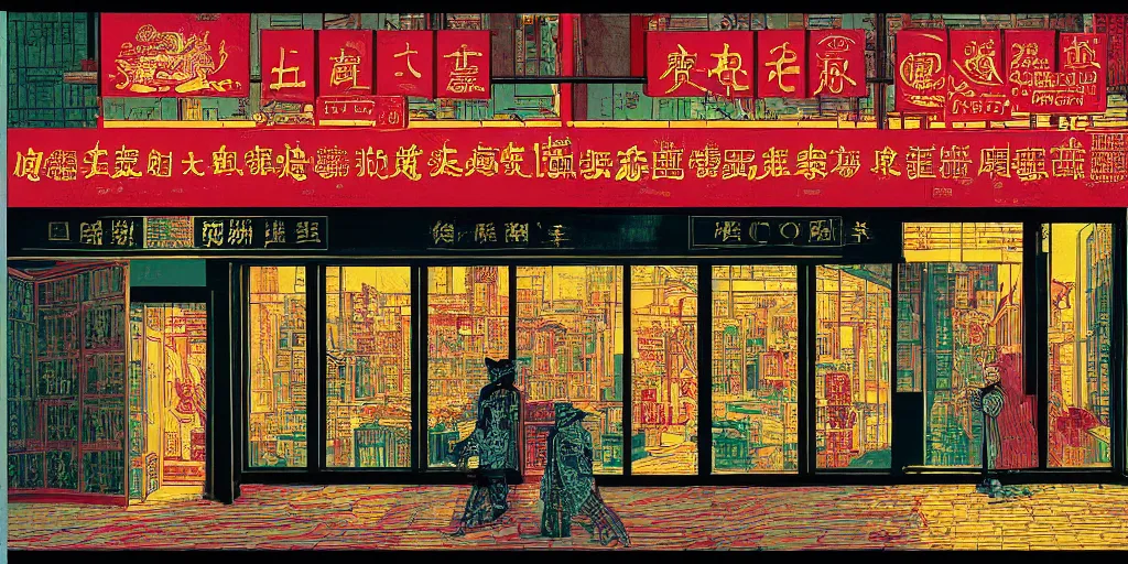 Prompt: a shop window in hong kong, by dan mumford and peter doig and edward hopper, minimal, black ink, thick lines highly detailed, muted colours, overlaid with chinese adverts, 8 k