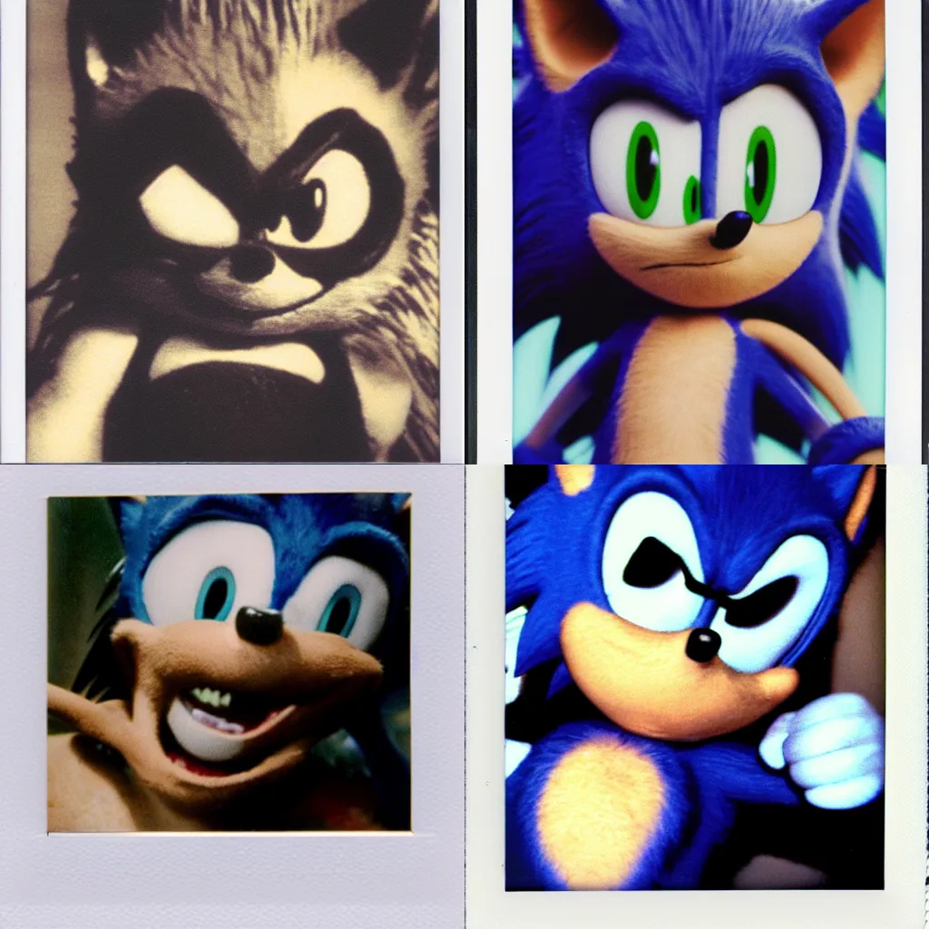 Prompt: instax polaroid film still of sonic the hedgehog with fangs and claws, creepypasta