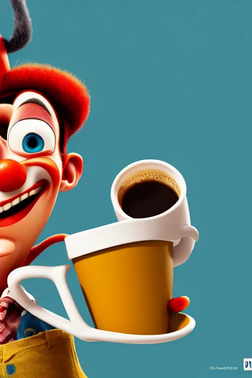 Image similar to portrait of a clown holding a cup of coffee, circus in background, full body. pixar disney 4 k 3 d render funny animation movie oscar winning trending on artstation and behance. ratatouille style.
