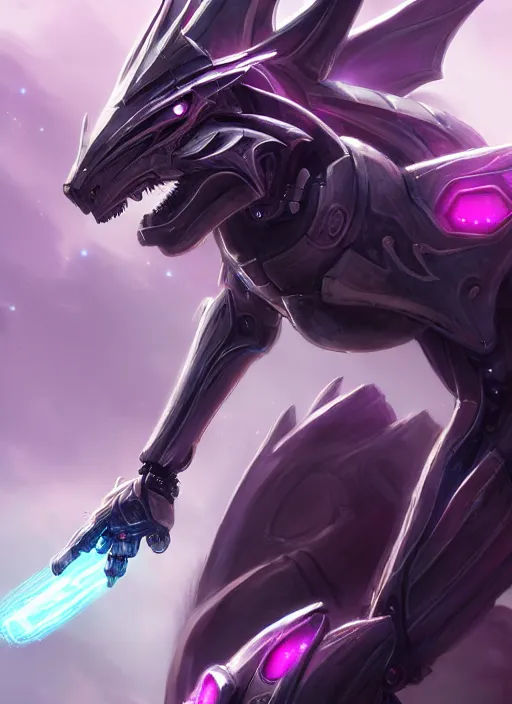 Image similar to cinematic goddess close shot, beautiful stunning anthropomorphic robot mecha female dragon, detailed maw, metal ears, led purple eyes, smooth fuschia skin, smooth silver armor, floating in space, holding a galaxy, epic proportions, epic size, epic detail, furry art, dragon art, giantess art, warframe fanart, furaffinity, octane