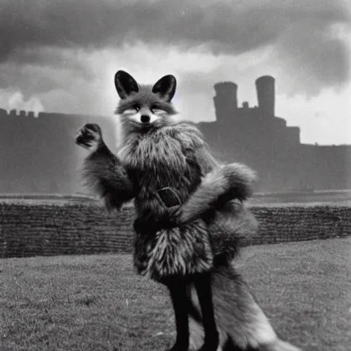 Image similar to anthropomorphic fox!! who is a medieval knight holding a swo - rd towards a stormy thunderclo - ud [ 1 9 3 0 s film still ], ( castle in the background )