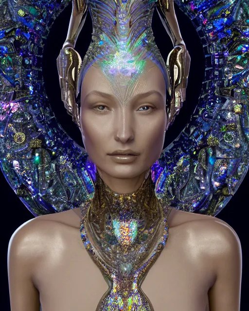 Image similar to a highly detailed metahuman 4 k close up render of an alien goddess bella hadid monument venus in iris van herpen dress schiaparelli in diamonds crystals swarovski and jewelry iridescent in style of alphonse mucha gustav klimt trending on artstation made in unreal engine 4