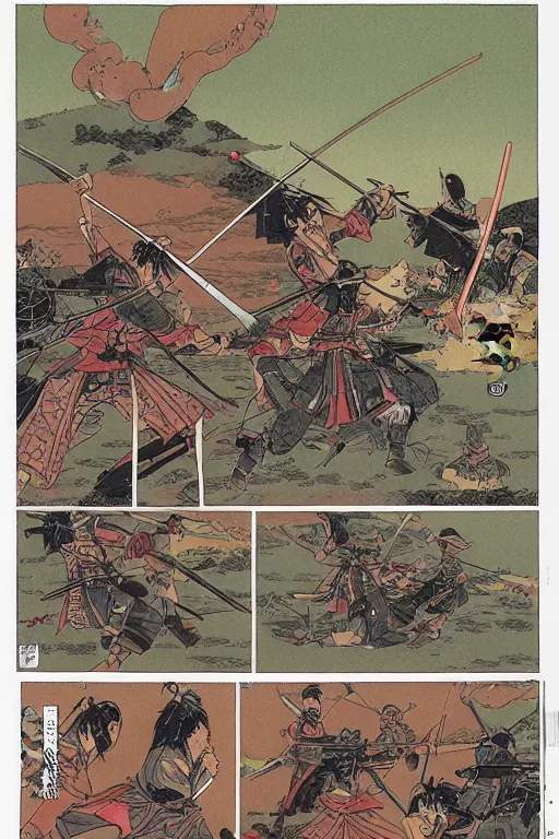 Image similar to a samurai battle by moebius