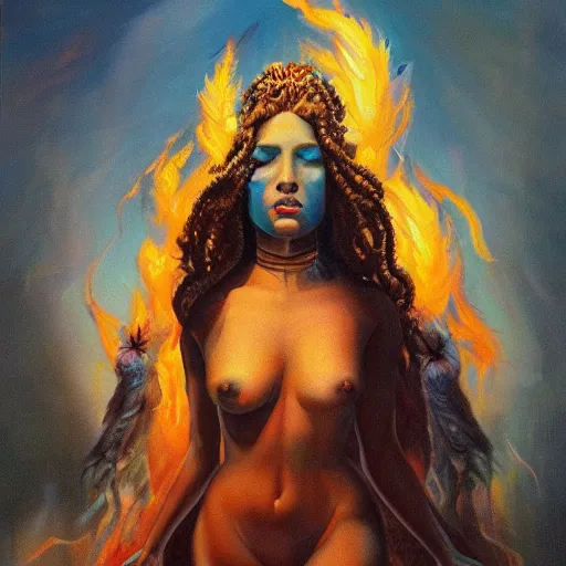 Image similar to A beautiful painting of a goddess with flames as her body by Jim Burns, 8K, ultra-detailed , Trending on artstation.