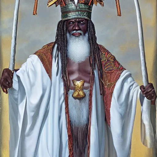 Prompt: an african moor wearing a white robe and golden crown in the realm of lost souls by wayne barlowe and zdislaw beksinki and amanda sage