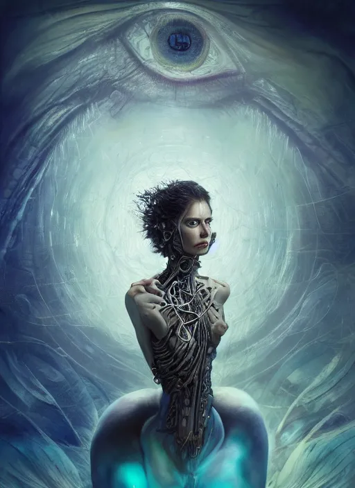 Image similar to epic portrait of menacing and anxious yet stunningly beautiful biomechanical djinn overseeing the iridescent fabric of time and space, by charlie bowater, mandy jurgens, gustav klimt, octane render, dramatic camera angle, 4k, 8k, high detail, HDR, by tom bagshaw, powerful, with inspiration from Beksinski, inspired by greek goddess Athena