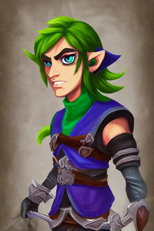 Image similar to an in game portrait of link from hades, hades art style.