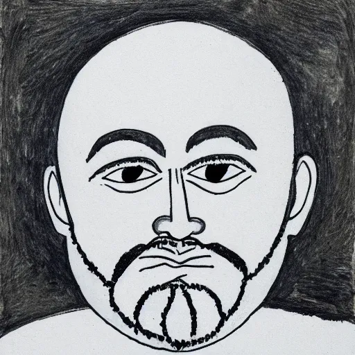 Image similar to portrait of bald bearded man with round face and blue eyes, minimalictic black and white art brut, ink, pencil