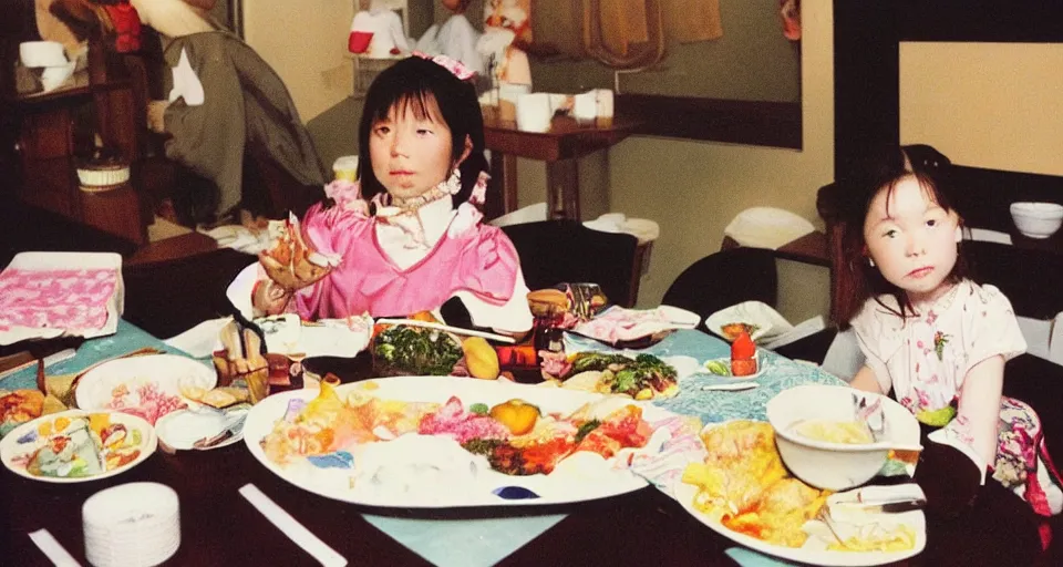 Prompt: 90's Japanese Professional Color Photography, Nikon, A girl in the dining room. Summer