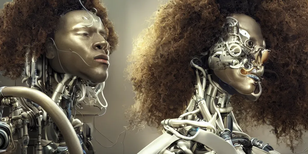 Image similar to hyperrealistic mixed media portrait of a robot doing a surgery on a black man with long curly hair, 3d render inspired art by P. Craig Russell and Barry Windsor-Smith + perfect facial symmetry + dim volumetric lighting, 8k octane beautifully detailed render, post-processing, extremely hyperdetailed, intricate futuristic mechanic parts, epic composition, grim yet sparkling atmosphere, cinematic lighting + masterpiece, trending on artstation